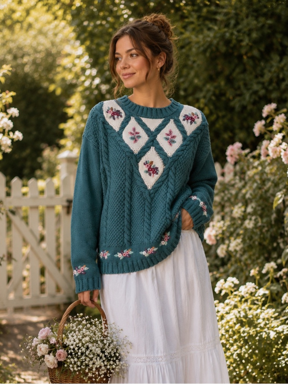 Vintage Teal Floral Diamond Knit Sweater